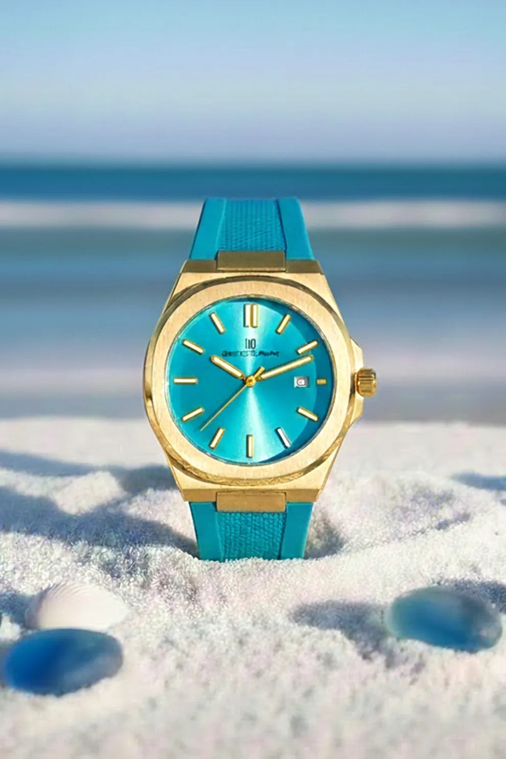 Men’s Gold Case Watch with Turquoise Dial & Blue Silicone Strap