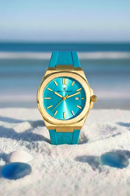Men’s Gold Case Watch with Turquoise Dial & Blue Silicone Strap