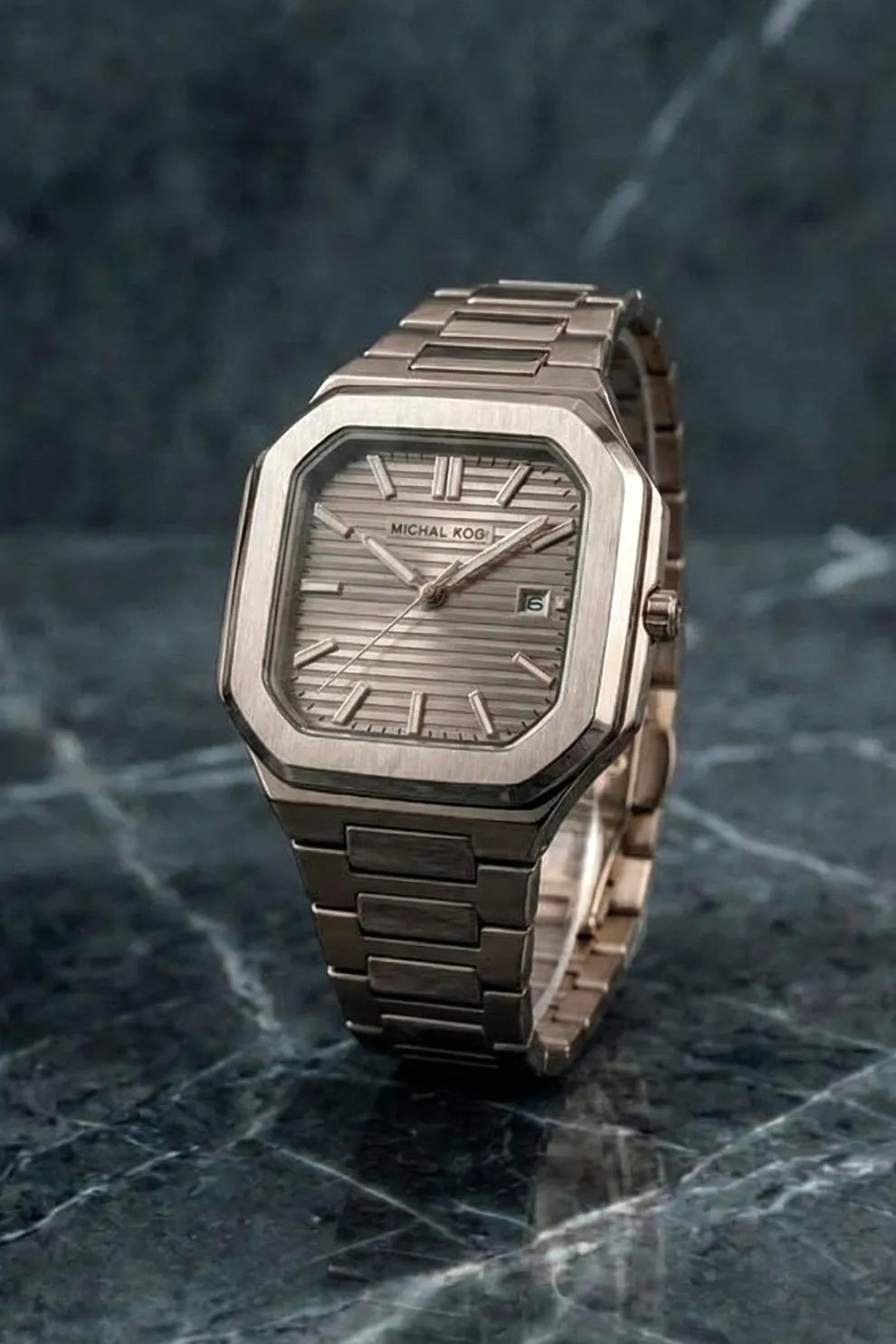 Men’s Square Dial Stainless Steel Watch with Silver Case & Matching Metal Bracelet