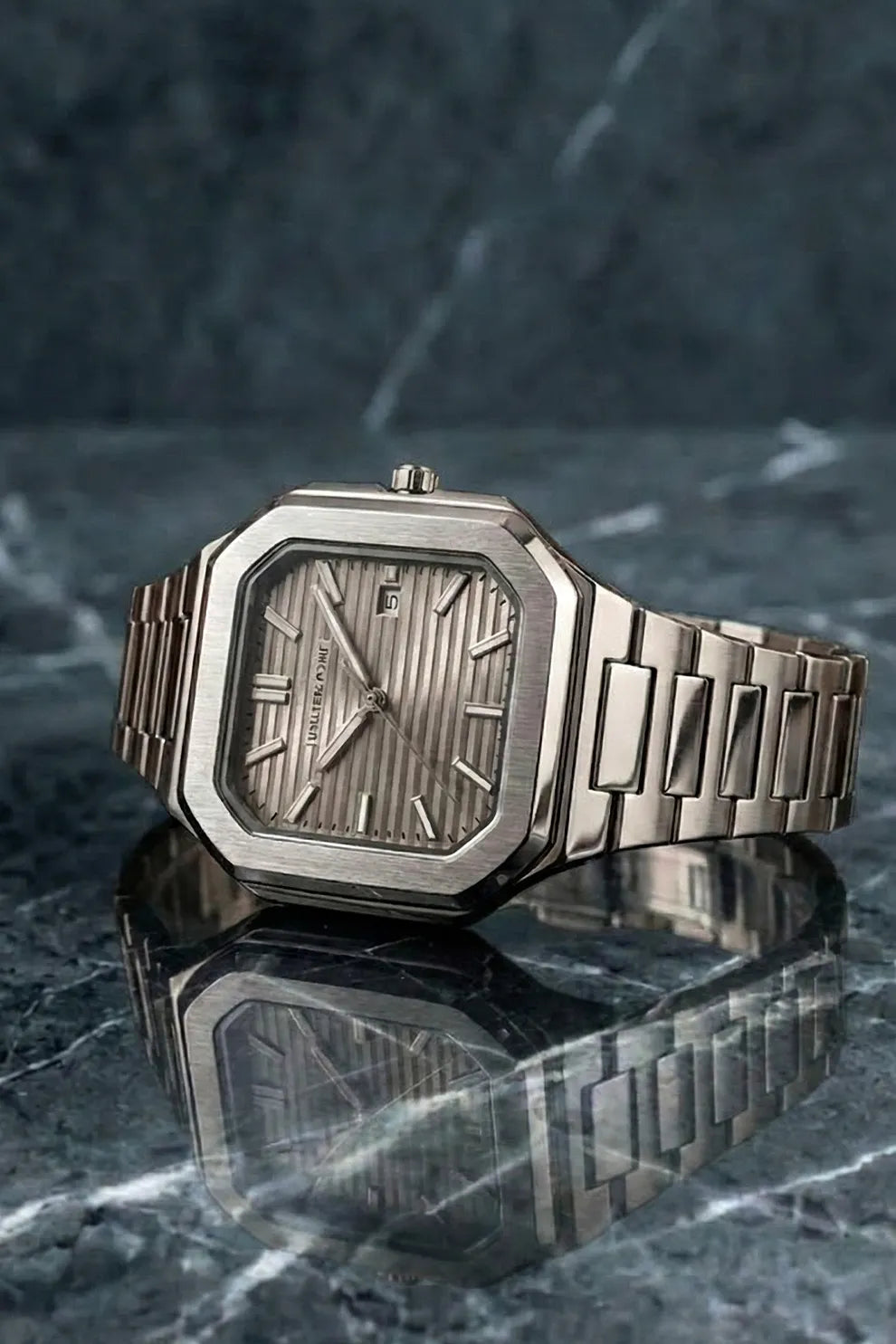 Men’s Square Dial Stainless Steel Watch with Silver Case & Matching Metal Bracelet