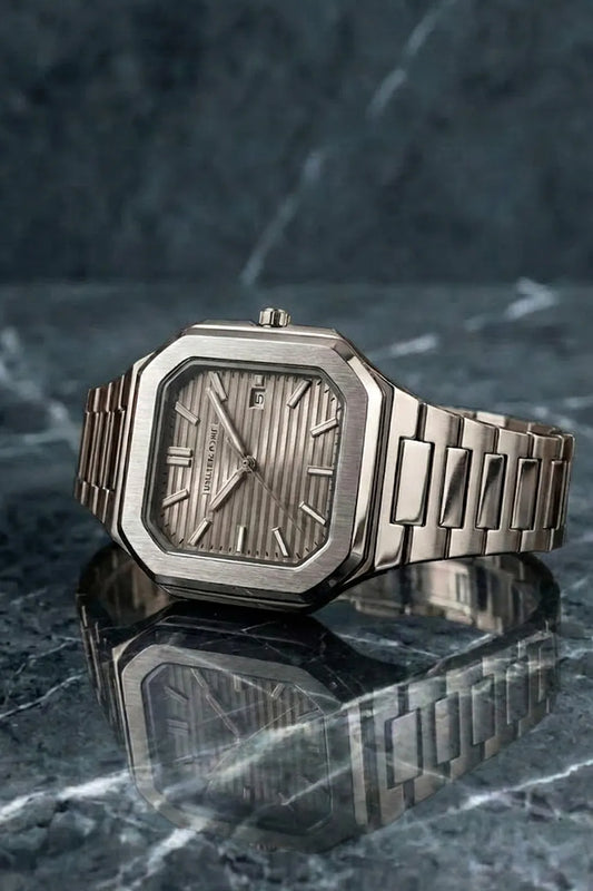 Men’s Square Dial Stainless Steel Watch with Silver Case & Matching Metal Bracelet