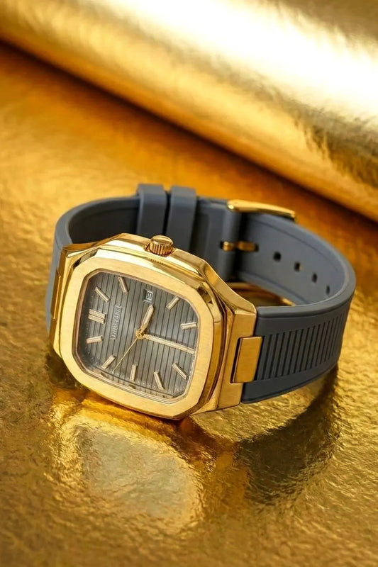 Men’s Luxury Gold-Tone Square Dial Watch with Grey Rubber Strap