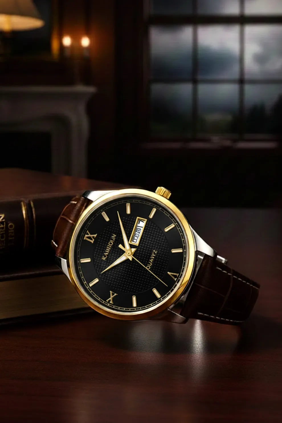 Men’s Classic Watch with Black Dial, Gold Bezel & Brown Leather Strap