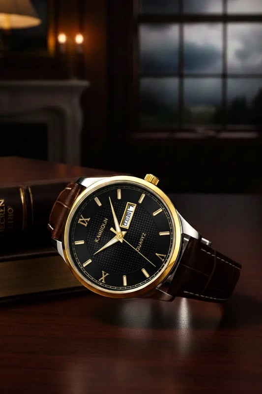 Men’s Classic Watch with Black Dial, Gold Bezel & Brown Leather Strap