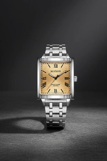 Men’s Square Dial Stainless Steel Watch – Gold Dial Classic Roman Design