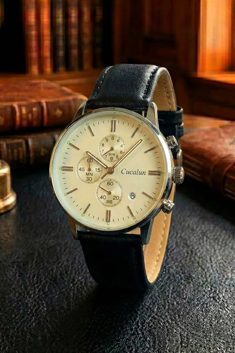 Men’s Classic Chronograph Watch with Cream Dial & Black Leather Strap