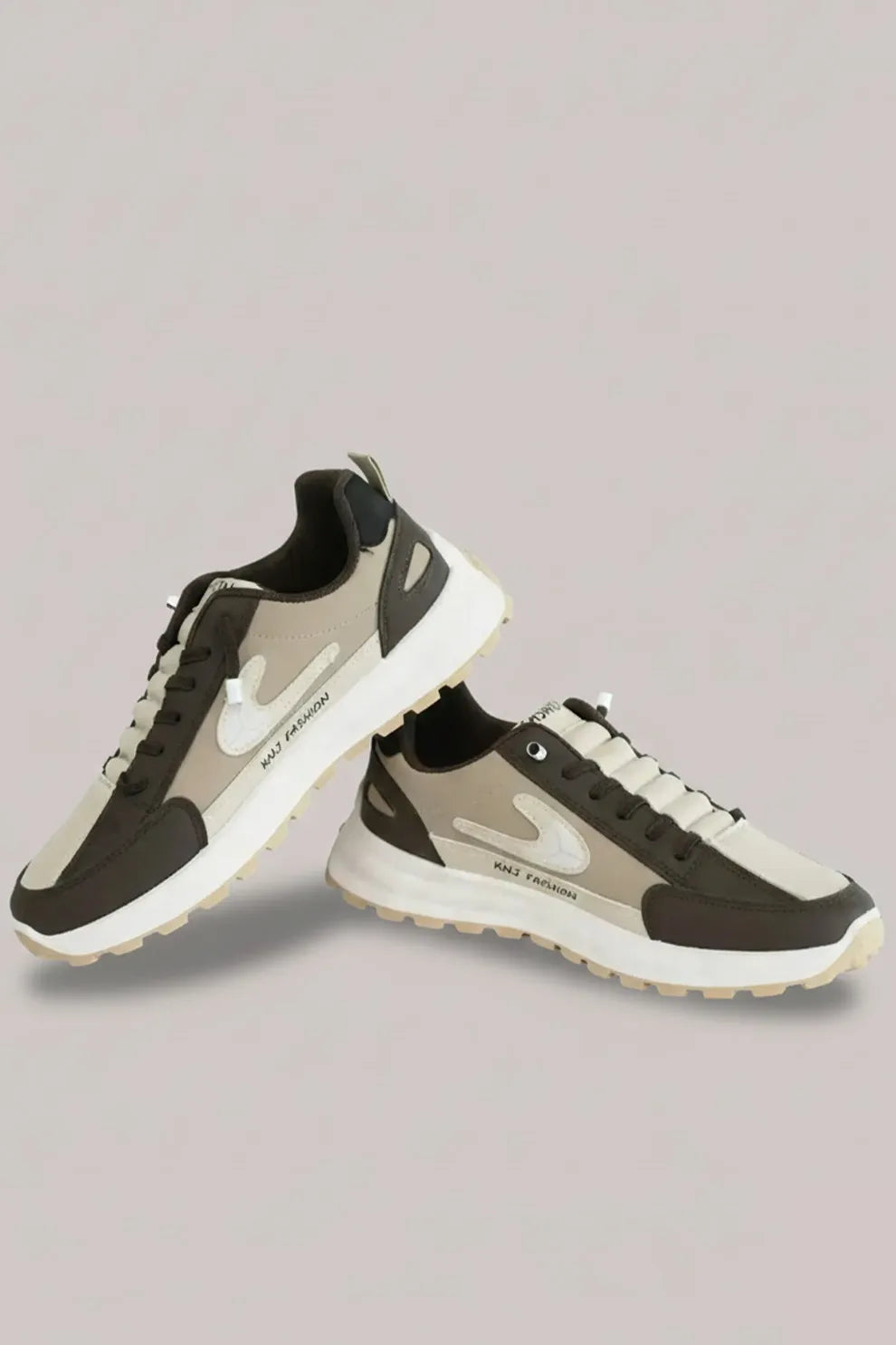 Men's Beige & Black Lace-Up Sneakers – Cushioned Sole Casual Shoes