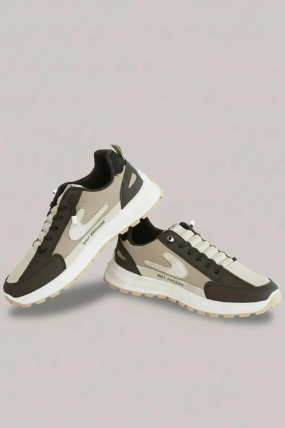 Men's Beige & Black Lace-Up Sneakers – Cushioned Sole Casual Shoes