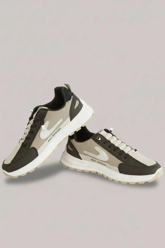 Men's Beige & Black Lace-Up Sneakers – Cushioned Sole Casual Shoes