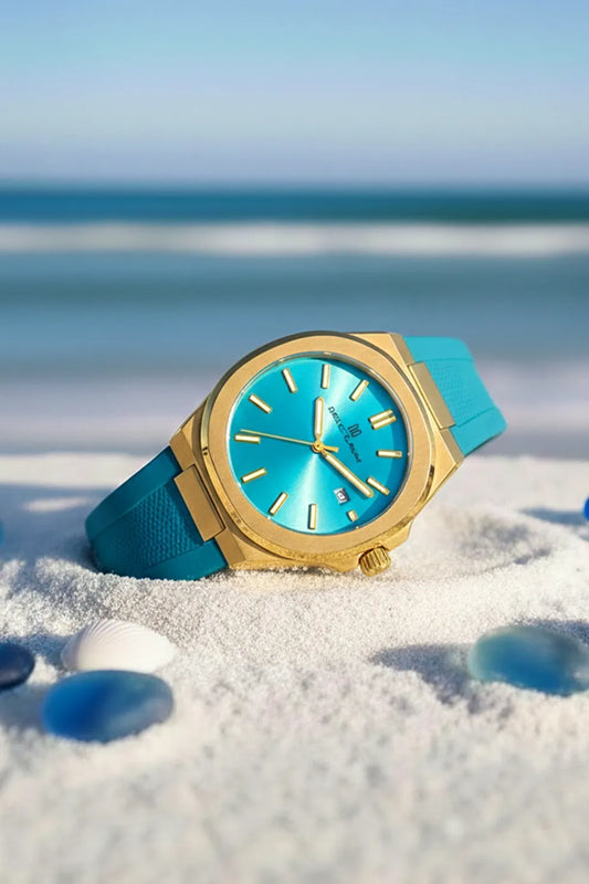 Men’s Gold Case Watch with Turquoise Dial & Blue Silicone Strap
