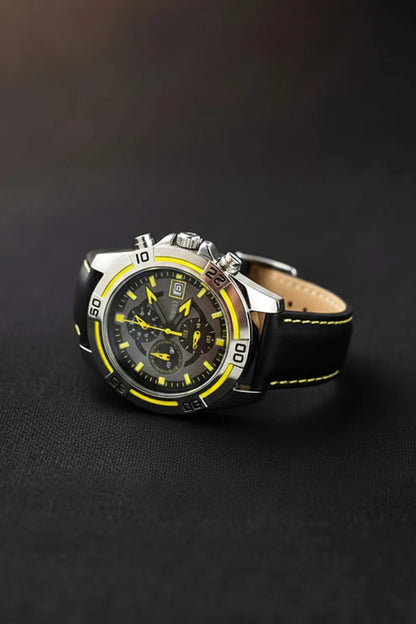 Men’s Chronograph Watch with Black Dial, Yellow Accents & Black Leather Strap