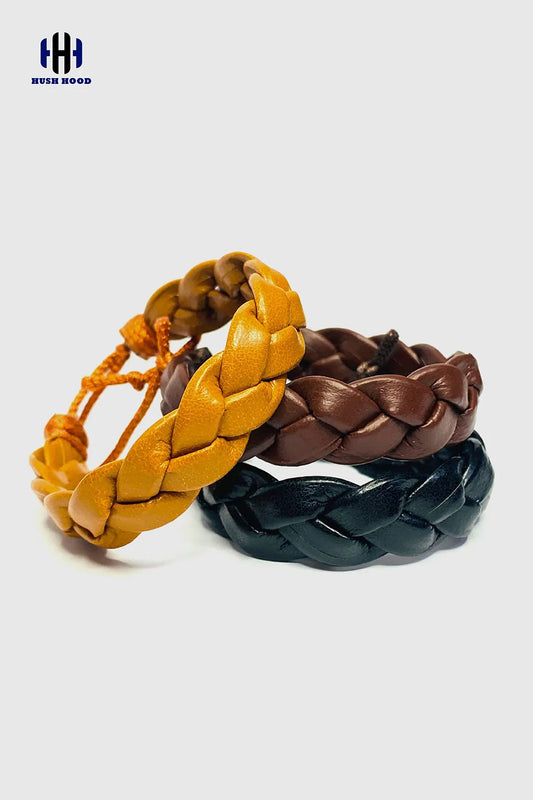 Braided Leather Bracelet Set – Adjustable Classic Style (Mustard)