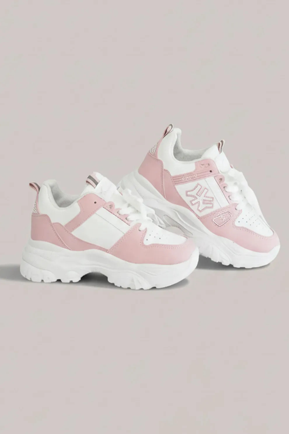 Pink & White Chunky Sneakers – Trendy Lace-Up Comfort Shoes (Women)