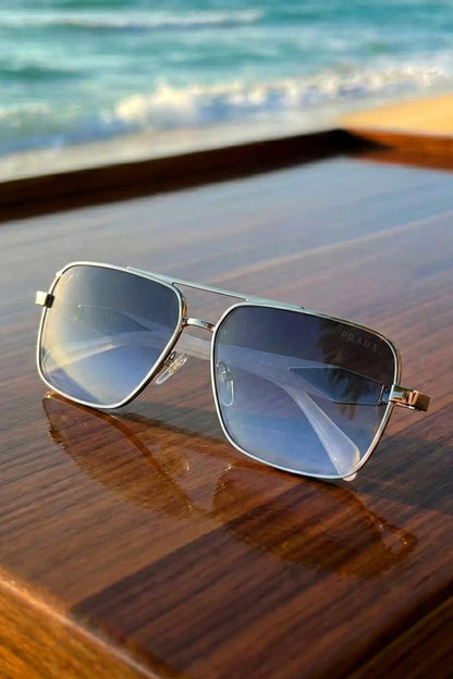 Men’s Square Metal Sunglasses with Gradient Blue Lenses – Modern Coastal Style