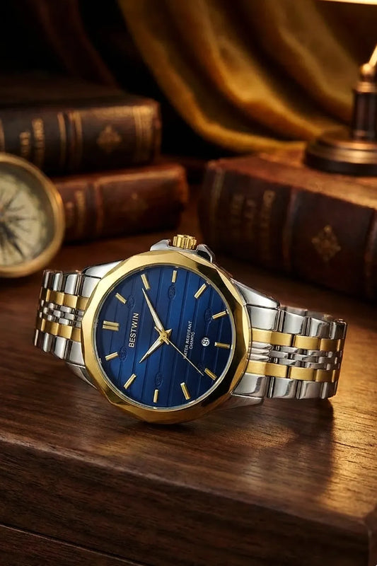 Men’s Two-Tone Stainless Steel Analog Watch – Blue Dial & Gold Accents