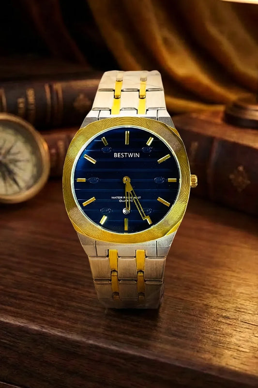 Men’s Two-Tone Stainless Steel Analog Watch – Blue Dial & Gold Accents