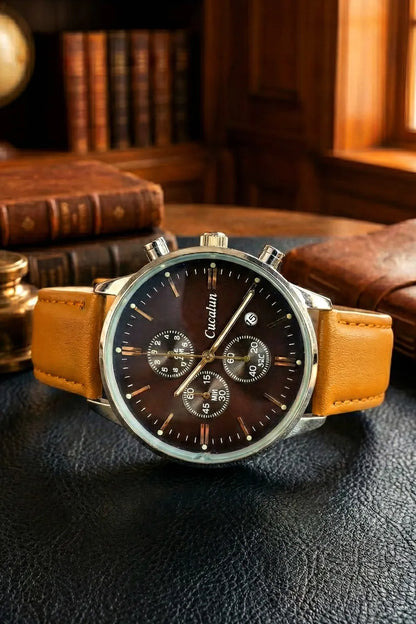 Men’s Classic Chronograph Watch with Brown Dial & Tan Leather Strap
