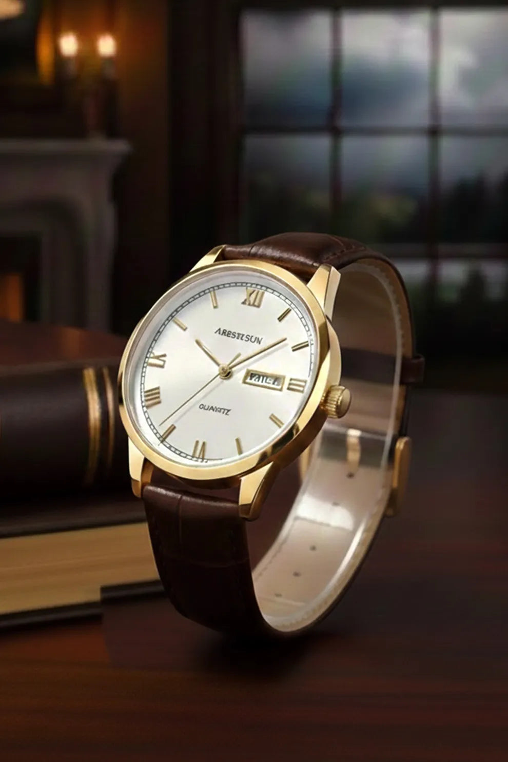 Men’s Classic Watch with White Dial, Gold Bezel & Brown Leather Strap
