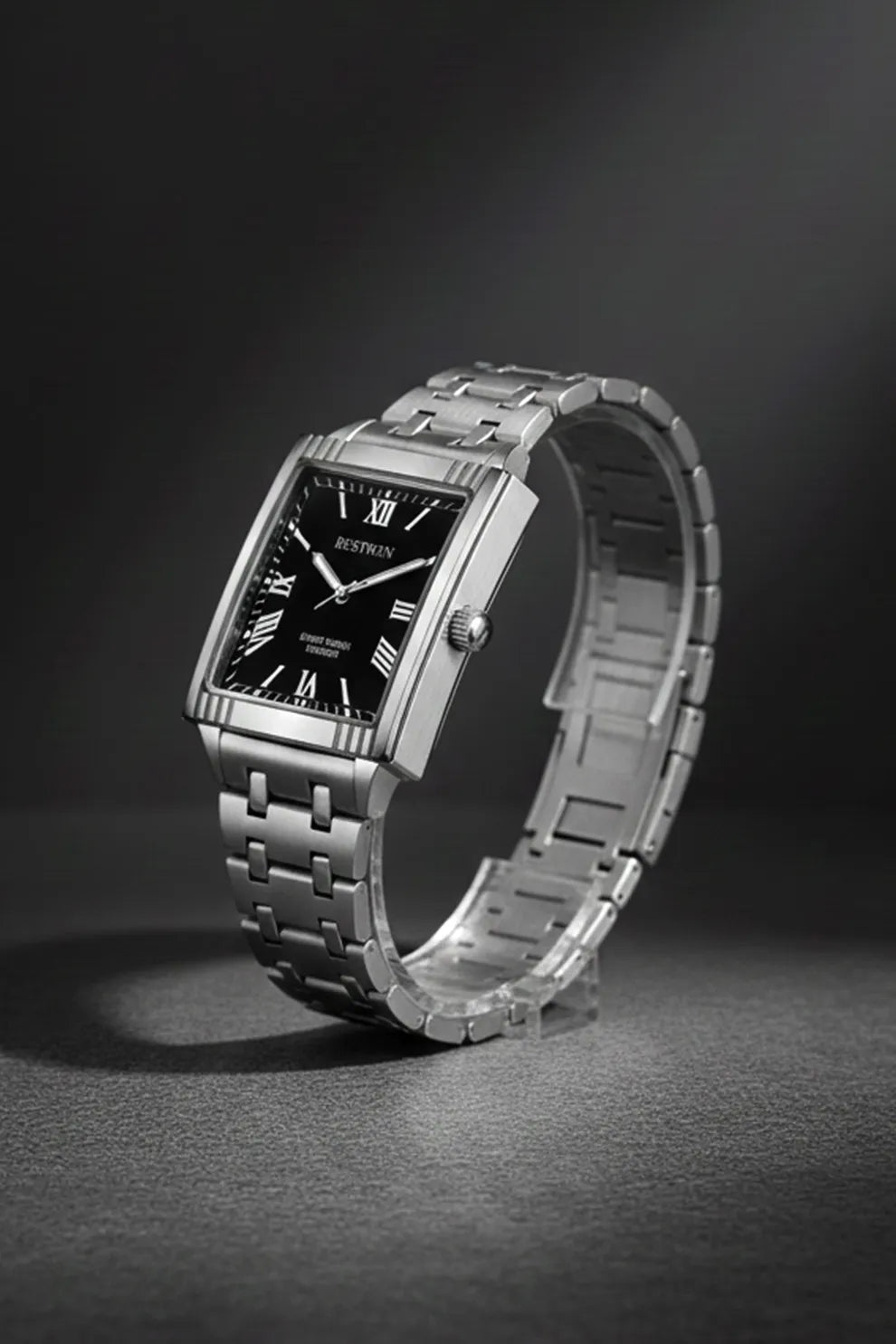 Men’s Square Dial Stainless Steel Watch – Black Dial Roman Numerals