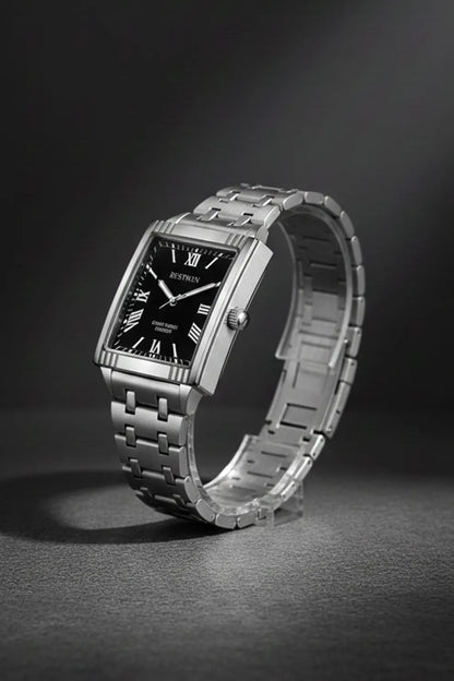 Men’s Square Dial Stainless Steel Watch – Black Dial Roman Numerals
