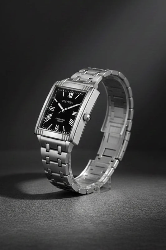 Men’s Square Dial Stainless Steel Watch – Black Dial Roman Numerals