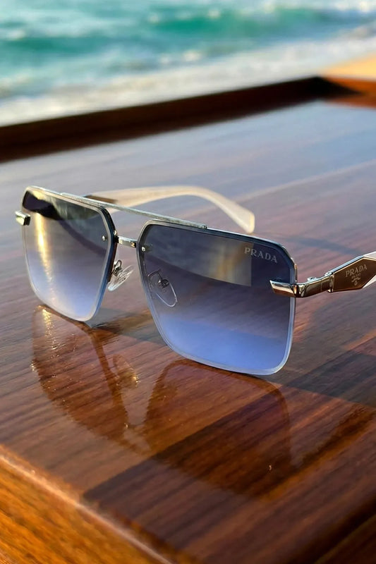 Men’s Square Metal Sunglasses with Gradient Blue Lenses – Modern Coastal Style