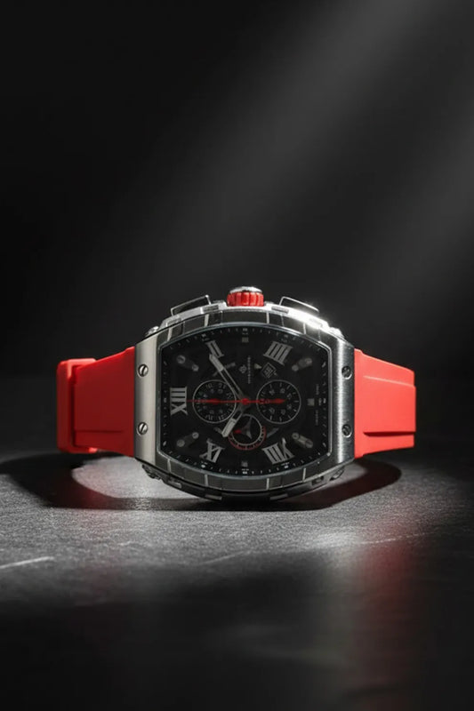 Men’s Square Dial Chronograph Watch with Red Silicone Strap