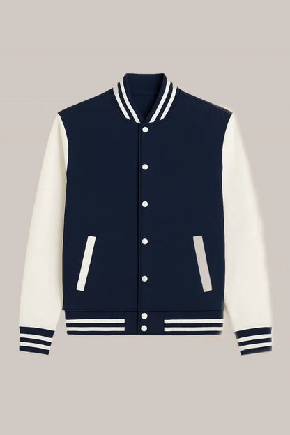 Baseball Jacket – Dark Blue & White, Classic Contrast with Bold Appeal
