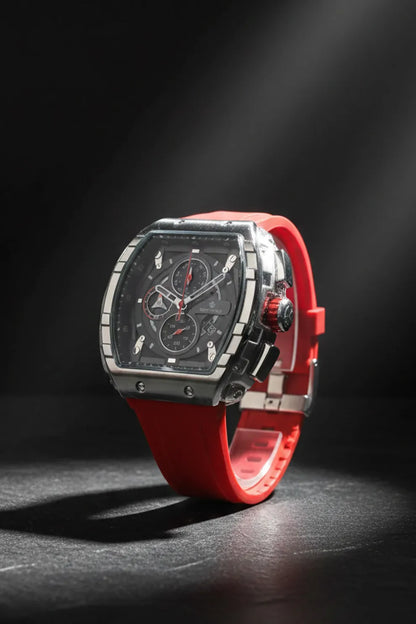 Men’s Square Dial Chronograph Watch with Red Silicone Strap