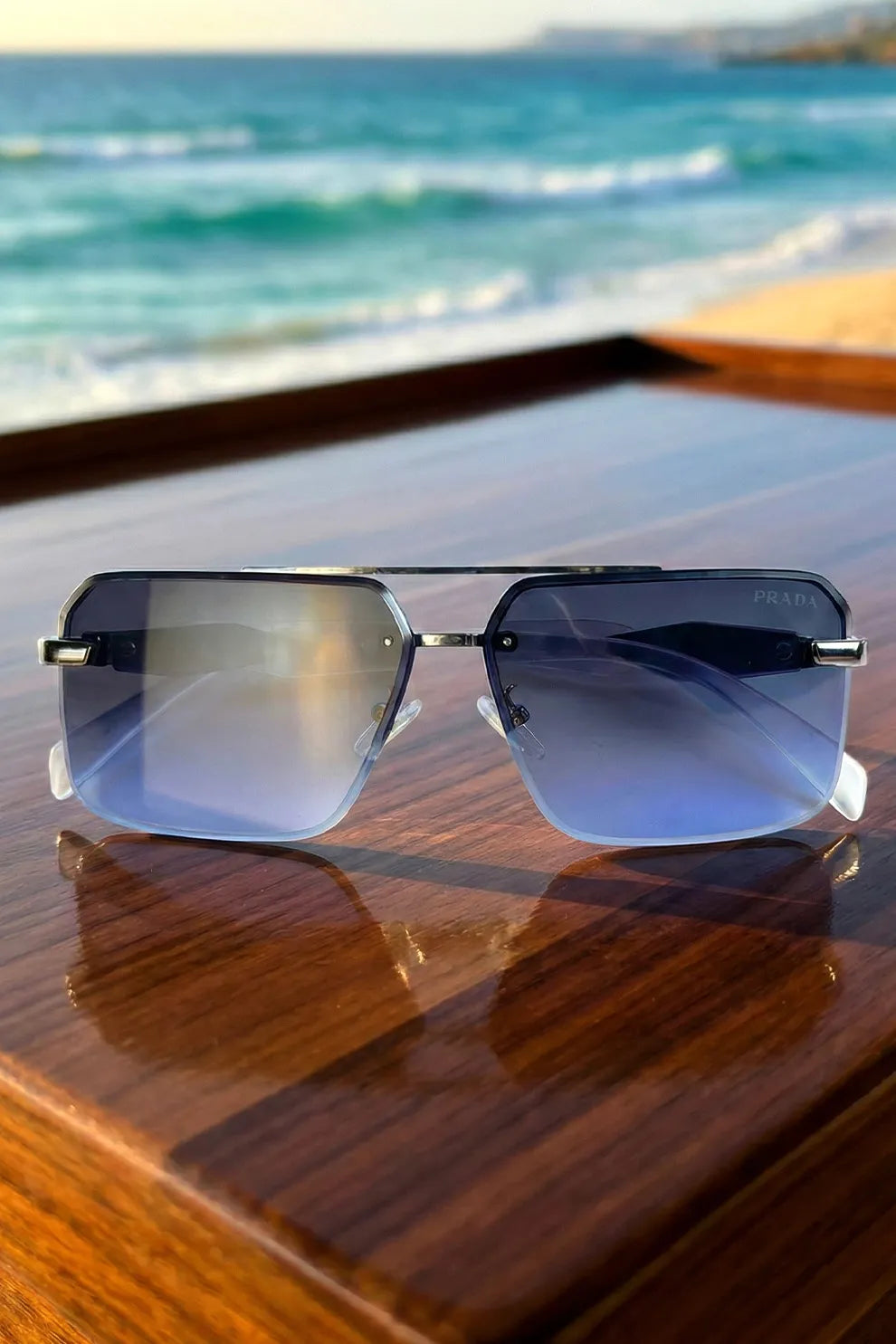 Men’s Square Metal Sunglasses with Gradient Blue Lenses – Modern Coastal Style