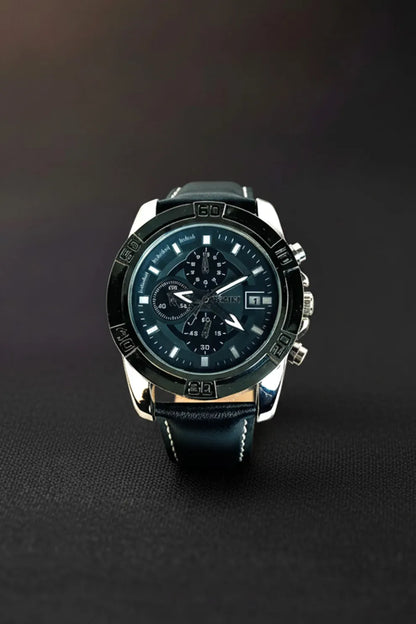 Men’s Chronograph Watch with Black Dial, Silver Case & Black Leather Strap