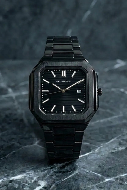 Men’s Square Dial Stainless Steel Watch with Black Dial & Black Metal Bracelet