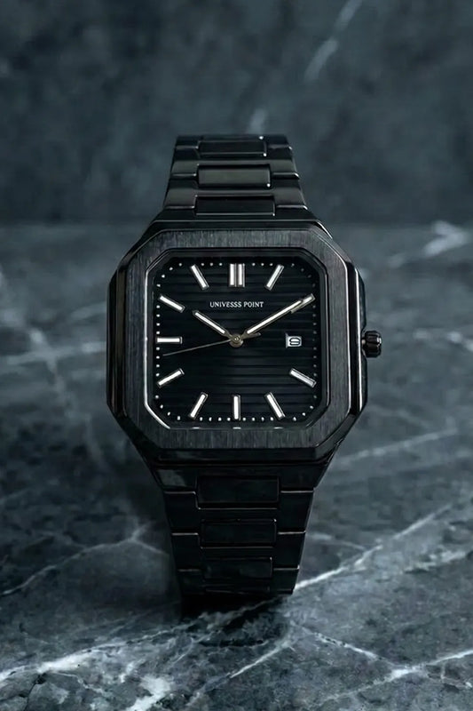 Men’s Square Dial Stainless Steel Watch with Black Dial & Black Metal Bracelet