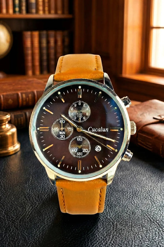Men’s Classic Chronograph Watch with Brown Dial & Tan Leather Strap