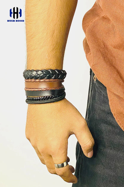 Men’s Multi-Layer Leather Bracelet Stack – Black & Brown Mix