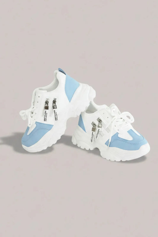 Women's White & Sky Blue Chunky Sneakers – Stylish Comfort Lace-Up Shoes