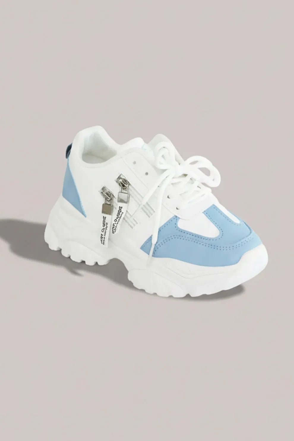 Women's White & Sky Blue Chunky Sneakers – Stylish Comfort Lace-Up Shoes