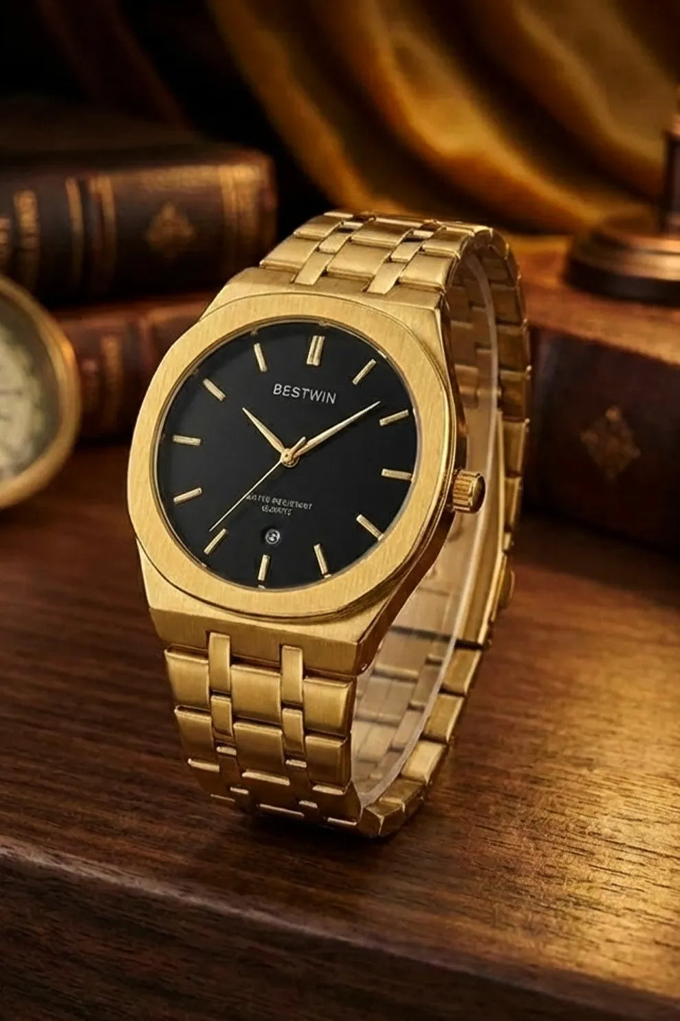 Men’s Gold Stainless Steel Analog Watch – Black Dial Classic Design