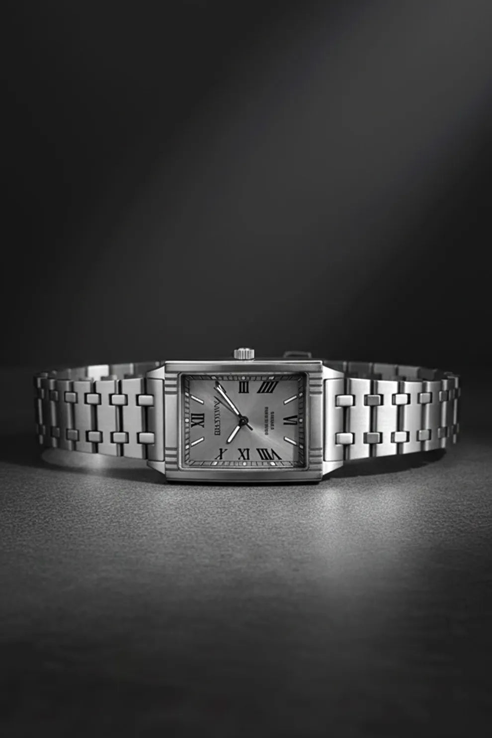 Men’s Square Dial Stainless Steel Watch – Silver Dial Roman Numerals