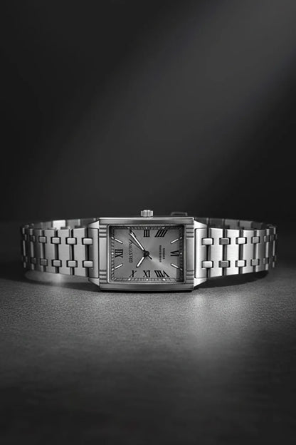 Men’s Square Dial Stainless Steel Watch – Silver Dial Roman Numerals