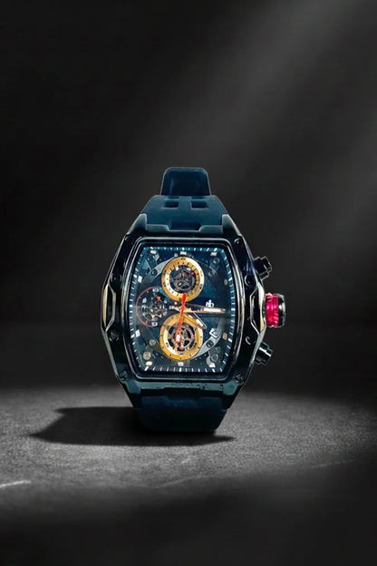 Men’s Square Dial Chronograph Watch with Blue Silicone Strap & Gold Accents