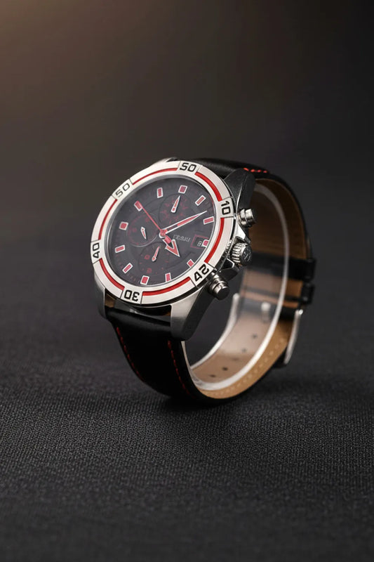 Men’s Chronograph Watch with Black Dial, Red Accents & Black Leather Strap
