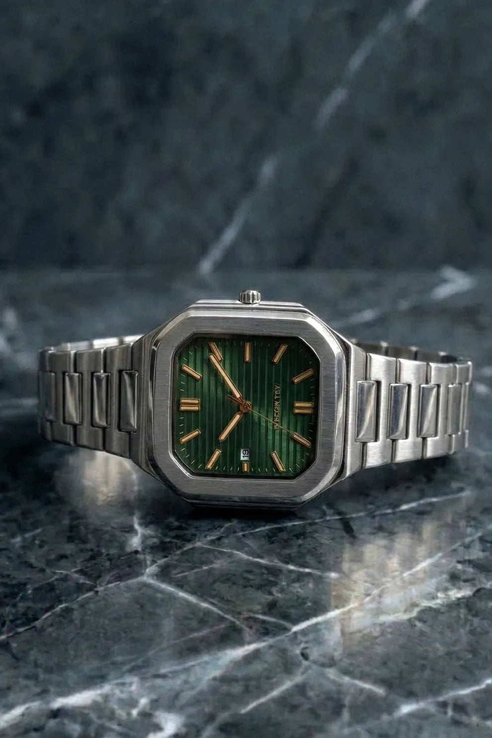 Men’s Square Dial Stainless Steel Watch with Green Dial & Silver Metal Bracelet