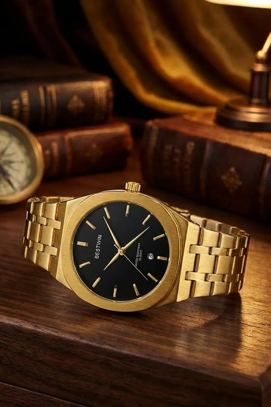 Men’s Gold Stainless Steel Analog Watch – Black Dial Classic Design