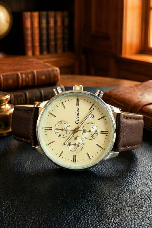 Men’s Classic Chronograph Watch with Cream Dial & Dark Brown Leather Strap