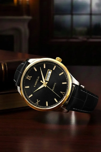 Men’s Classic Watch with Black Dial, Gold Bezel & Black Leather Strap