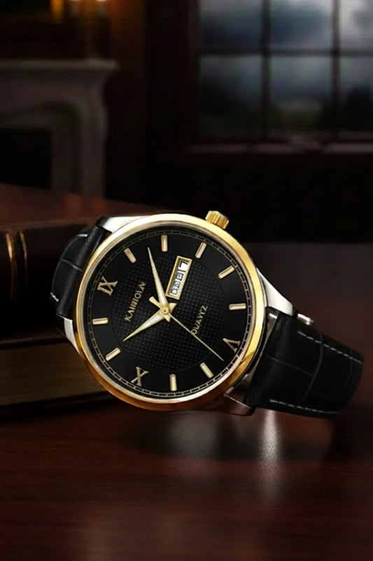 Men’s Classic Watch with Black Dial, Gold Bezel & Black Leather Strap