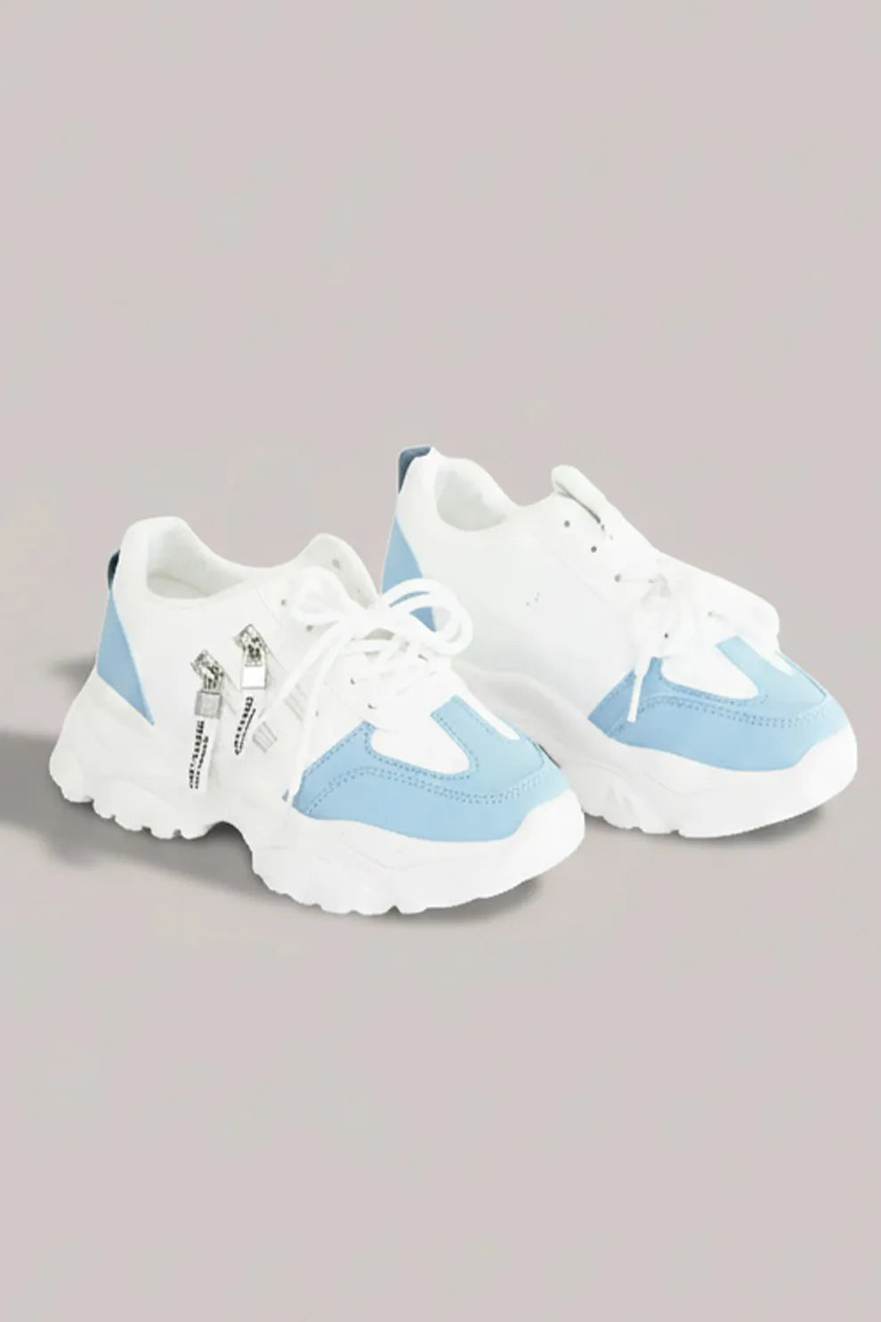 Women's White & Sky Blue Chunky Sneakers – Stylish Comfort Lace-Up Shoes