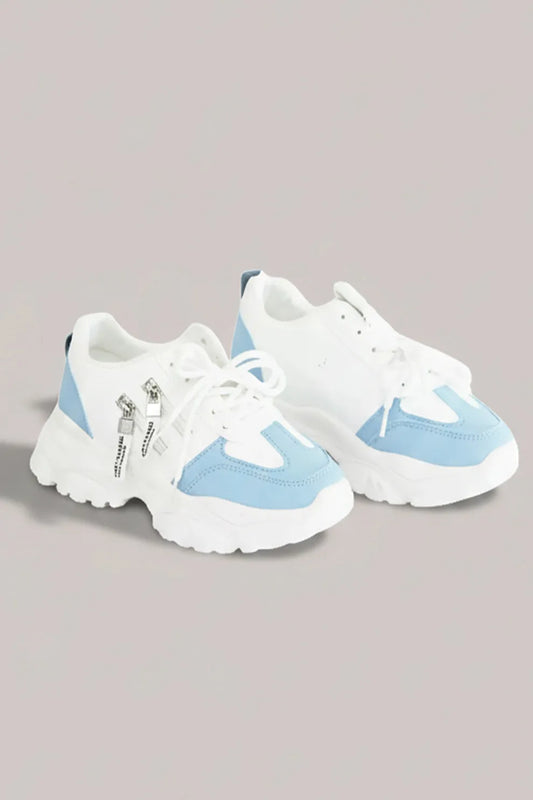 Women's White & Sky Blue Chunky Sneakers – Stylish Comfort Lace-Up Shoes