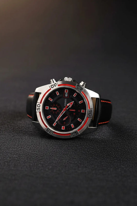 Men’s Chronograph Watch with Black Dial, Red Accents & Black Leather Strap